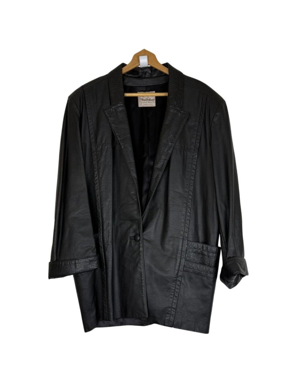 Vtg 70s Leathers by New England Black Leather Coat XL Mid-Length Croc Trim USA